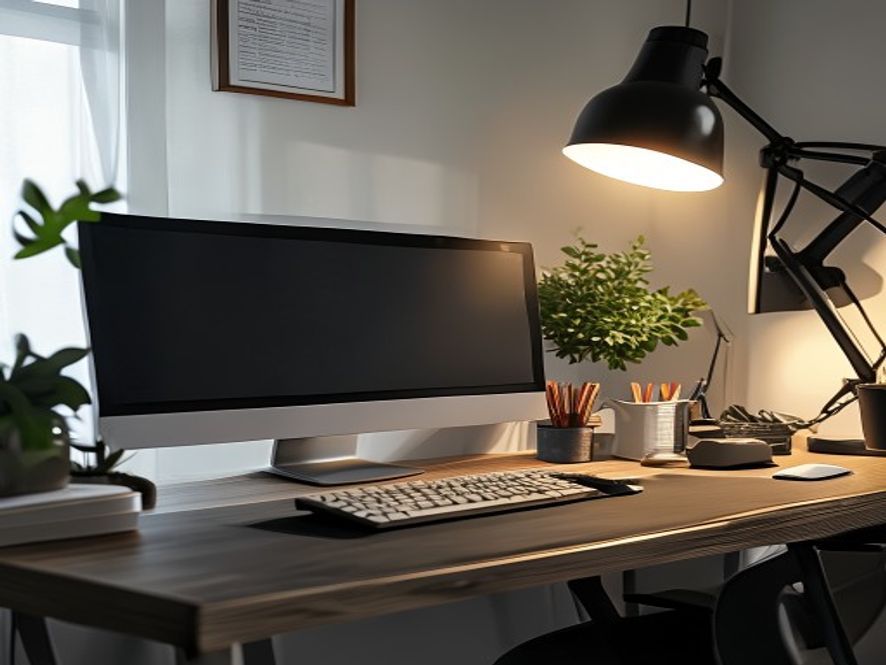 Organised office desk with ergonomic accessories including monitor stand, keyboard, and desk organisers