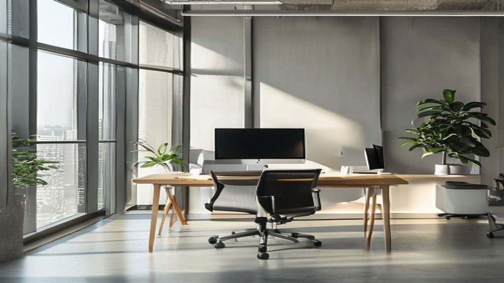 Modern office workspace with ergonomic setup and natural lighting from large windows