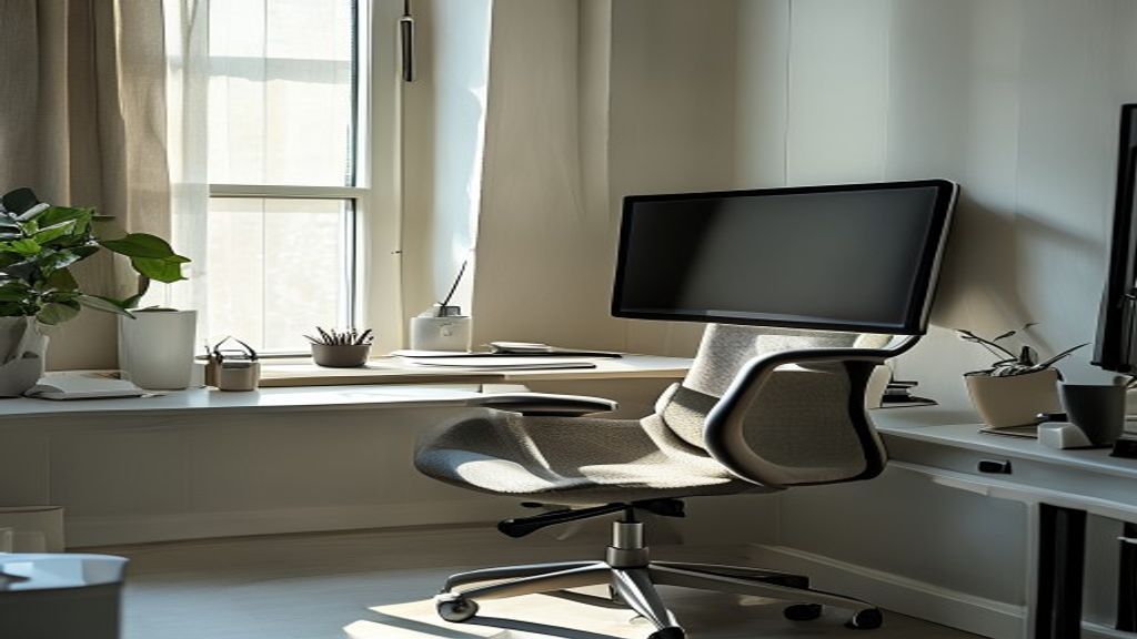 Person demonstrating correct seated posture at a modern office desk with proper spinal alignment